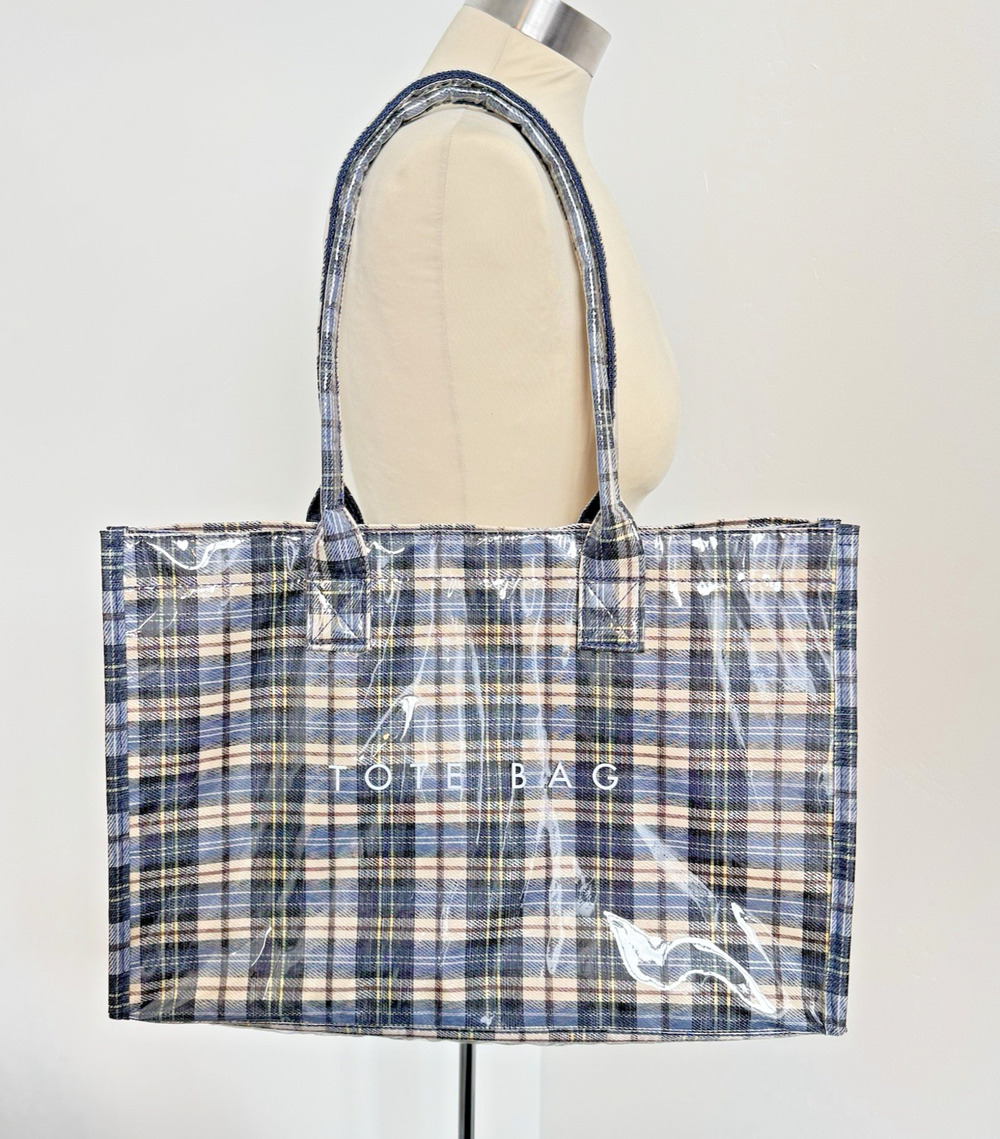 KALIDI PVC Large Tote Bag Blue Black Tan Plaid Weekender Travel Work Snap Close